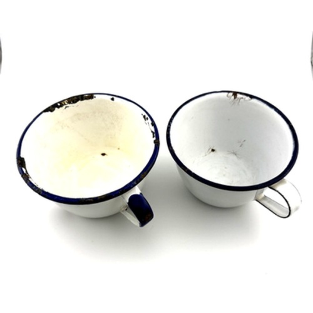 2  vintage white enamelware cups